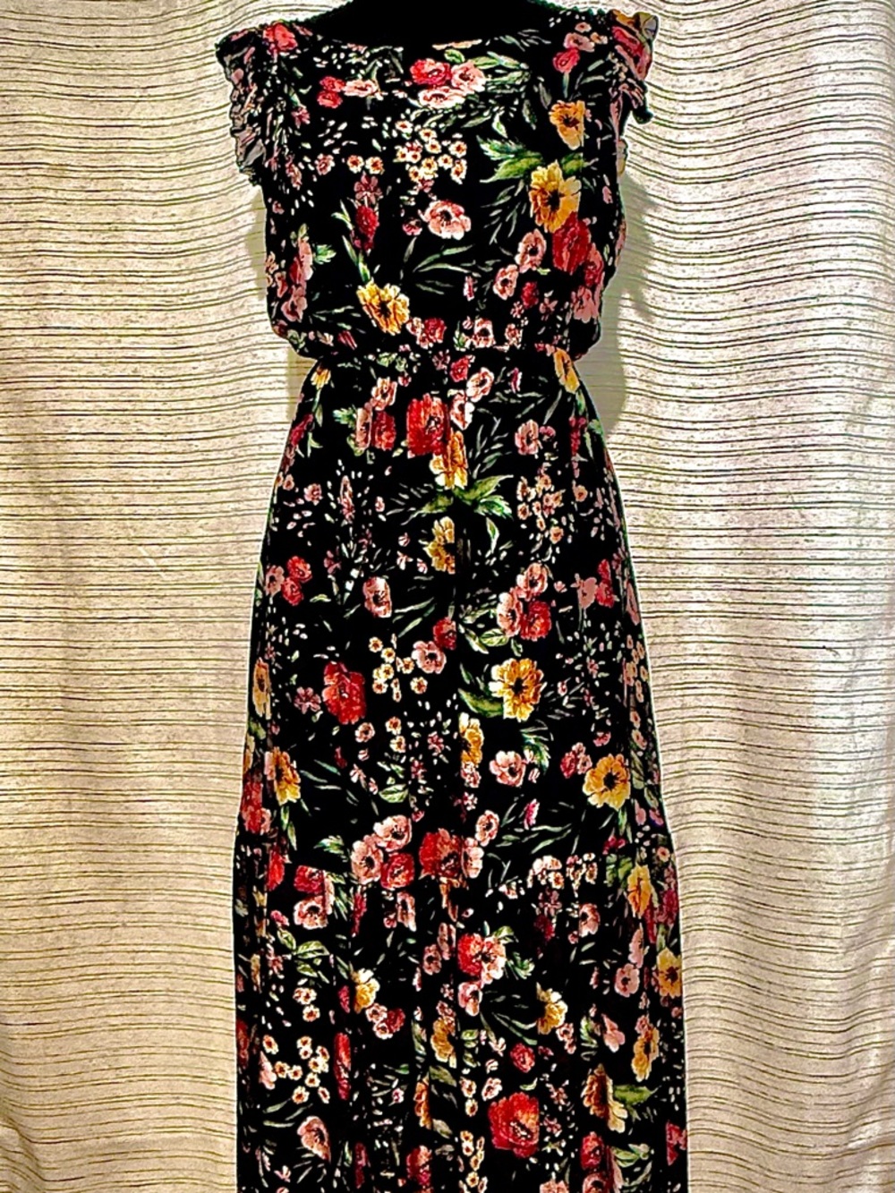 Le Ragazze Silk Black and Floral Maxi Dress with Ruffles